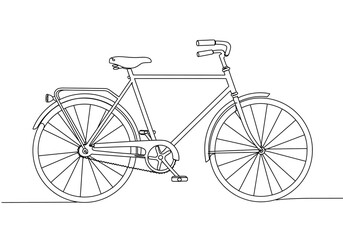 Detailed line drawing of a classic bicycle with fenders and carrier rack on a white background