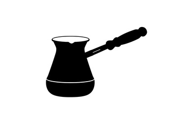 Isolated black and white image of a cezve with a long handle on a white background in vector format