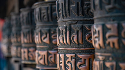 Buddhist prayer wheels . monastery in Kathmandu