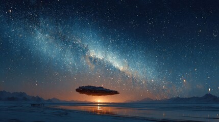Spaceship landing on a mysterious alien planet under a starry sky