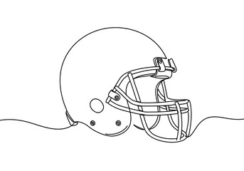 A continuous line drawing of a football helmet with face mask on a white background image view
