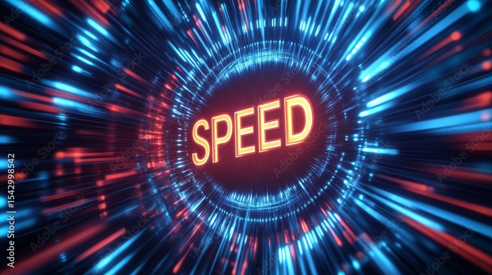 Poster futuristic neon tunnel speedometer meter measuring swift streaming through network data connectivity