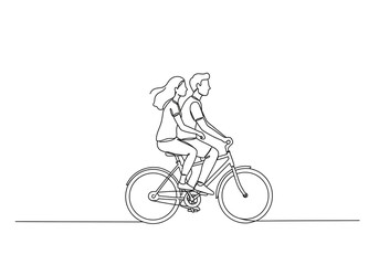 Continuous line drawing of a couple riding a bicycle together on a white background illustration