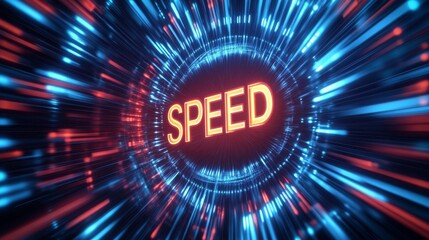 Futuristic Neon Tunnel Speedometer Meter Measuring Swift Streaming Through Network Data Connectivity