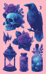 vintage mystical gothic raven and skull illustration set – perfect for dark fantasy t-shirt designs, tarot cards, or book covers