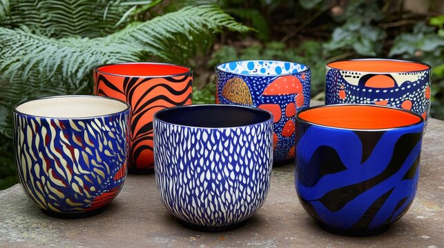 Colorful Decorative Vases with Unique Patterns Displayed on a Sunlit Terrace for Home Decor