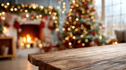 Rustic wooden table with Christmas tree and glowing fireplace in cozy holiday decorated living room, festive blurred bokeh lights creating warm winter atmosphere, Selective Focus