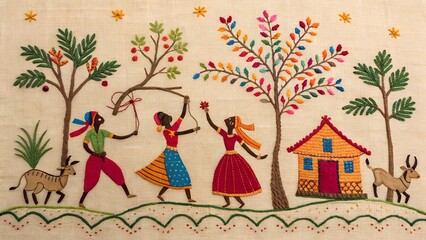 Folk art embroidery of dancing villagers and animals — vivid storytelling with threads on jute