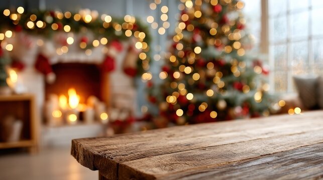 Rustic wooden table with Christmas tree and glowing fireplace in cozy holiday decorated living room, festive blurred bokeh lights creating warm winter atmosphere, Selective Focus - Powered by Adobe