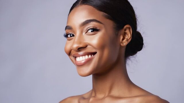 A young African woman with dark hair and dimples smiles softly against a light background. Her skin is glowing, showcasing her natural beauty..