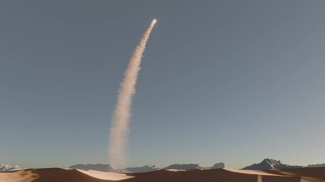 Military rocket launch over desert landscape with dynamic smoke trail. Could represent missile defense system, anti-air strike, or aerospace operation in hostile environment. CGI footage