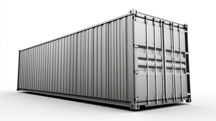 A metallic shipping container isolated on a white background, featuring corrugated metal sides and secure locking mechanisms on the door.