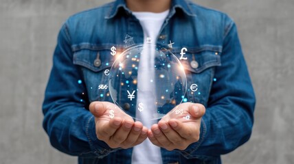 Holographic global currency sphere held in cupped hands.