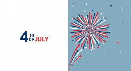 Obraz premium Modern and clean USA Independence Day illustration featuring red, white, and blue fireworks burst with patriotic star accents on split background.