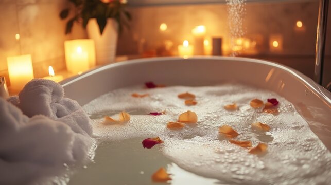 Relaxing bubble bath with rose petals