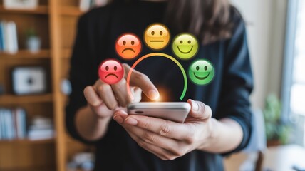 Smartphone displaying a customer feedback interface with various emotional feedback icons.