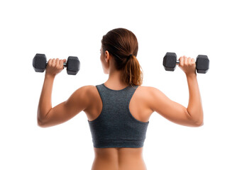 Woman in activewear performing dumbbell shoulder exercise for fitness and strength training on transparent background, PNG