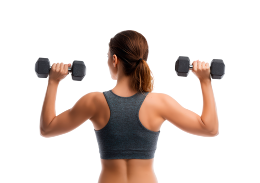 Woman in activewear performing dumbbell shoulder exercise for fitness and strength training on transparent background, PNG - Powered by Adobe