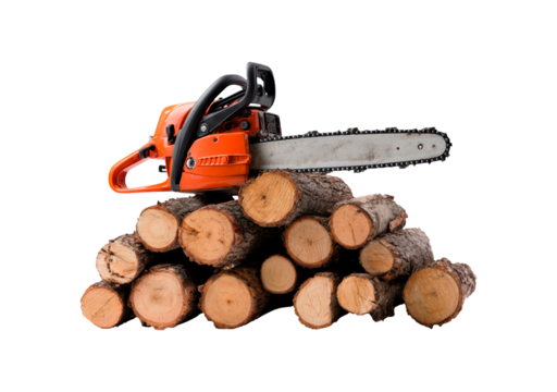 Chainsaw on pile of logs for forestry and logging themes on transparent background, PNG