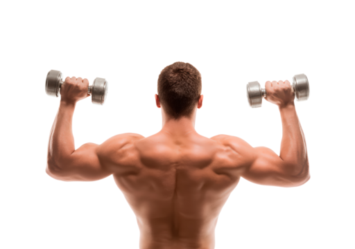 Fit man lifting dumbbells for strength and muscle building workout on transparent background, PNG