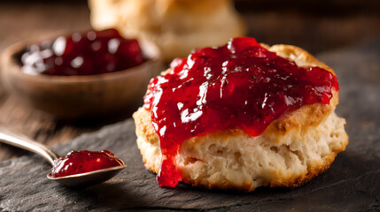 National Biscuit Day, crispy biscuit with fresh red strawberry jam melted on top, small spoon placed beside it. Kitchen table background. AI generated images.
