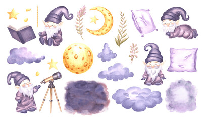 Watercolor set of cute gnomes with crescent moon, stars and cloud, telescope with book and pillows. Hand drawn isolated illustration elfs from fairy dreams for childrens design. Funy dwarfs character.