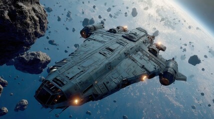 Stealth spaceship flying in the shadows of asteroids 