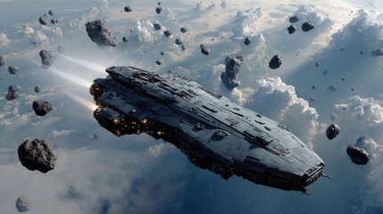 Stealth spaceship flying in the shadows of asteroids 