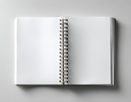 Open blank notebook with white pages on white background. Spiral binding. Diary or planner for notes ideas concepts. Minimalist design. Copy space. Clean, simple, business, office concept.