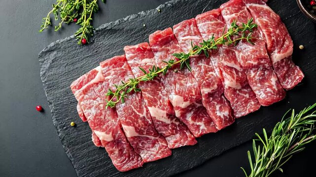 Raw marbled beef slices displayed with fresh herbs and spices on a dark background, Sliced raw marbled meat displayed with herbs on dark surface