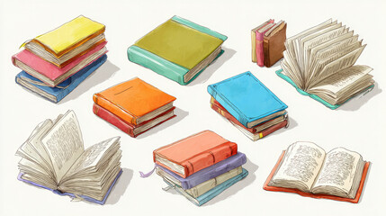 A set of hand-drawn colour books. Books that have been opened and closed on a white background. 