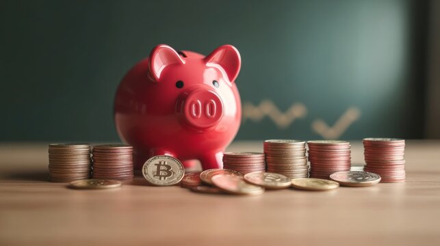 Piggy Bank Surrounded by Coins Symbolizing Investments, Savings, and Financial Growth Opportunities