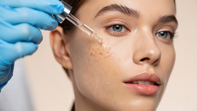 Close-up of professional applying drop of serum to hyperpigmented skin during dermatological care session for melasma treatment, Selective Focus