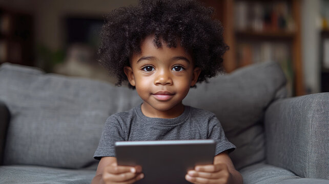 A young Black boy with curly hair holds a digital tablet while sitting on a couch, looking directly at the camera with a soft smile in an indoor setting. - Powered by Adobe