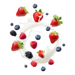 Fresh Berries Splashing in Cream on Isolated Transparent Background