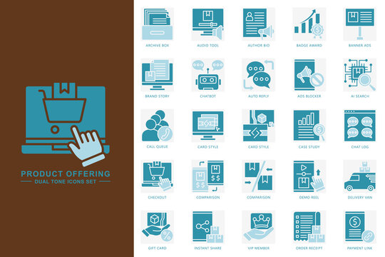 product offering dual tone color icons set. contain archive box, audio tool, chatbot, ai search, checkout and more. use for modern concept, print, UI, UX kit, web and app development. Vector EPS 10