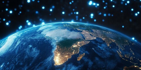 Fototapeta premium Breathtaking Aerial View from Space Showcasing Earth s Diverse Landscapes, Cities, and Night Lights