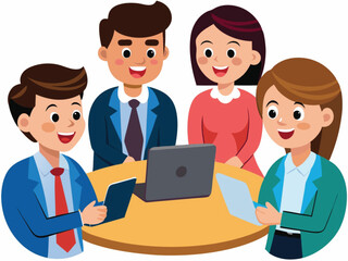 A diverse team of businesspeople, including men and women, are depicted as icons, avatars, and cartoon illustrations working in an office with computers, laptops, and symbols of teamwork, meetings, a