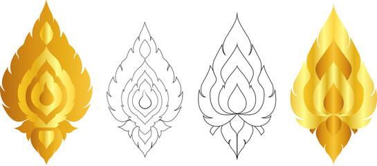 Thai Kanok pattern, Lai Thai design, Traditional Thai vector art, Gold Thai ornament, Thai flame motif outline