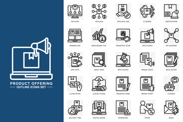 Product offering outline icons set. contain affiliate, ai model, notification, chatbot, email, download and more. use for modern concept, print, UI, UX kit, web and app development. Vector EPS 10