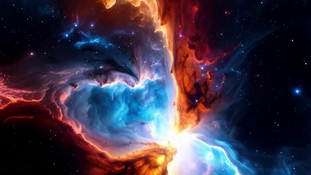 Vibrant cosmic nebula with swirling cloud formations in deep space, showing brilliant blue, orange, red, and yellow luminous gases and a bright stellar genesis point