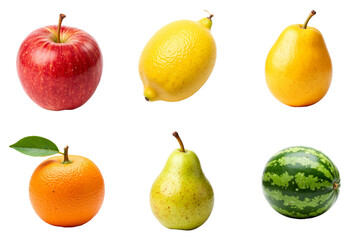 Variety of fresh fruits including apple, lemon, orange, and pear  