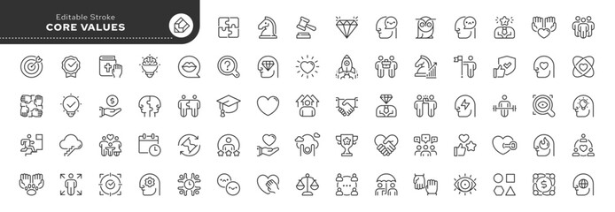 Core values line icon set. Positive personal qualities of a person and character traits. Efficiency, productivity, love, friendship, success and more. Outline icon in linear style. Vector collection.