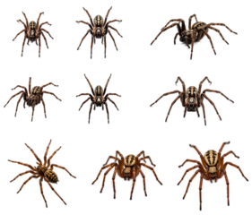 Various spiders in different poses on a white background  