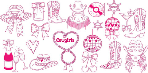Cowgirl coquettish groovy party icon set vector hand drawn western bachelorette dancing doodle. American traditional hat, cowboy boots, disco ball, country woman face. Pink ribbon, cowgirl party print