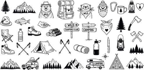 Camping doodle icon set, hand drawn forest adventure line sticker, vector mountain hiking objects. Cute bear logotype, outdoor activity adventure badge print, campfire, backpack, tent. Camping doodle.