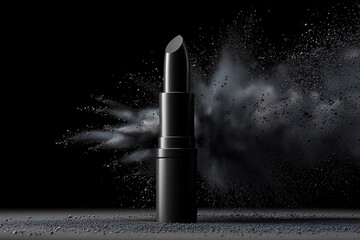 A black lipstick is surrounded by a cloud of black powder. Concept of boldness and confidence, as the lipstick is a symbol of self-expression and empowerment. The black powder represents the power