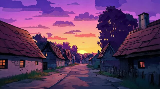 Dusk settles over a tranquil village as colorful skies illuminate cozy cottages, village at dusk, seamless ing video background, cartoon anime style
