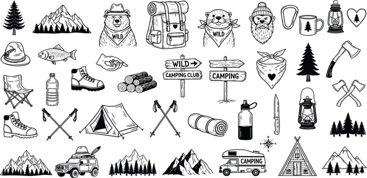 Camping doodle icon set, hand drawn forest adventure line sticker, vector mountain hiking objects. Cute bear logotype, outdoor activity adventure badge print, campfire, backpack, tent. Camping doodle.
