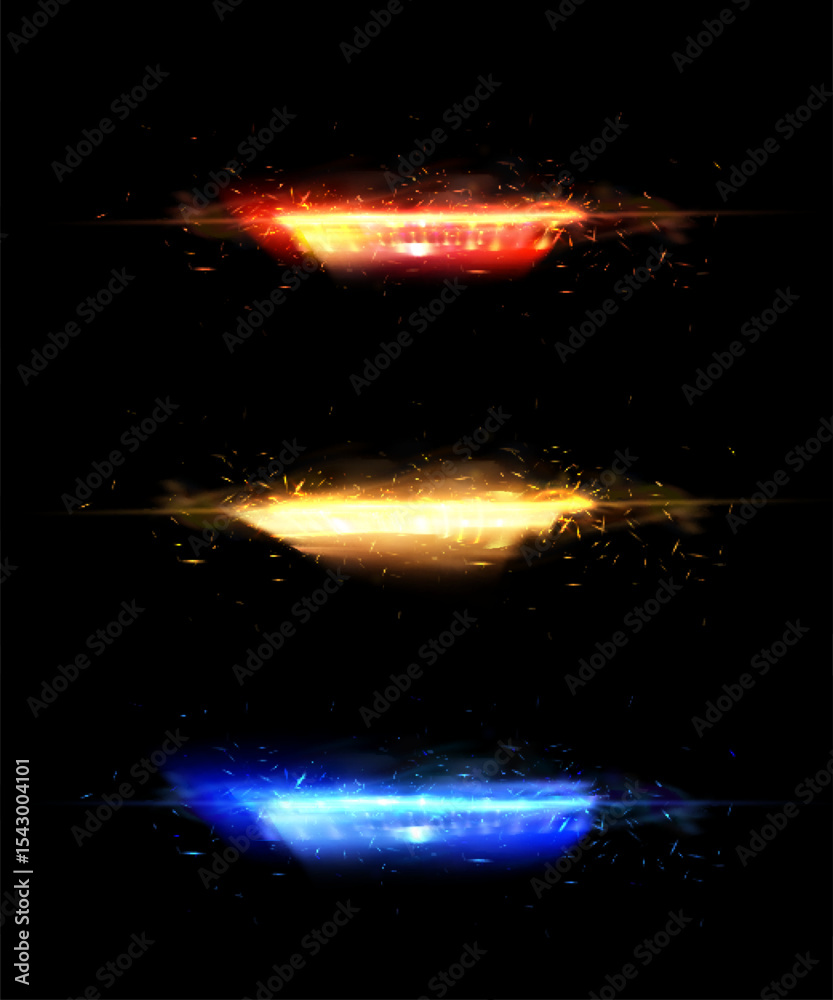 Poster horizontal light portals in red, yellow and blue with sparks and glow on a black background.